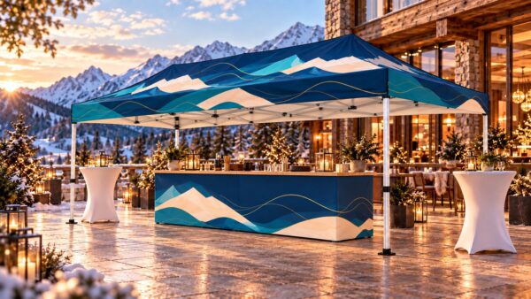 Printed pop-up gazebo 3 × 4.5 m in front of a mountain hotel