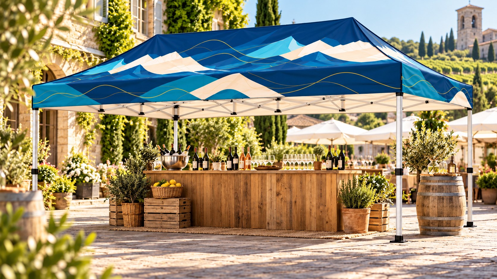 Printed pop-up gazebo 3 × 4.5 m as a bar