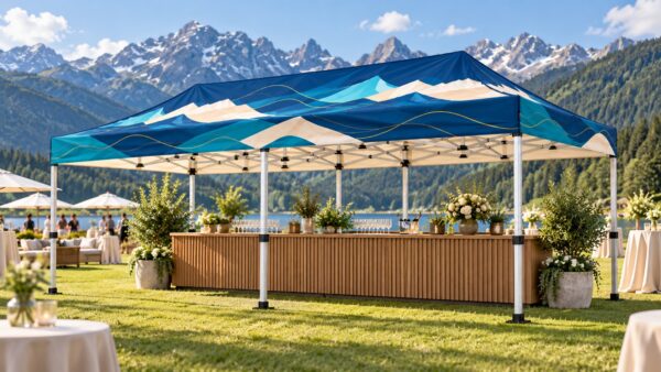 Printed pop-up gazebo 3 × 6 m on an event lawn