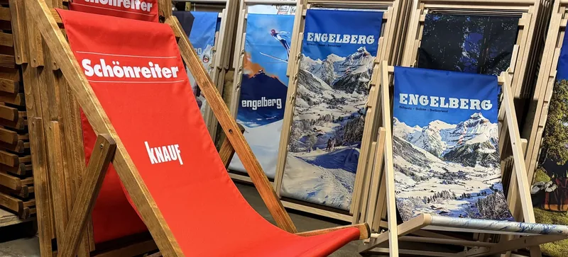 Several custom printed deckchairs in our workshop