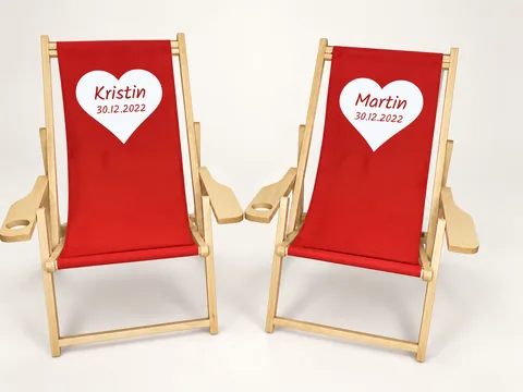 Red wedding deckchairs printed with names and date